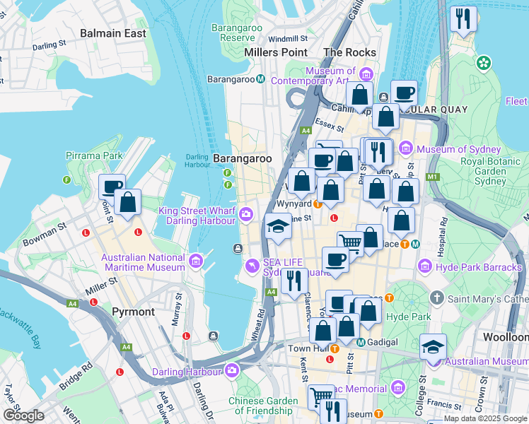 map of restaurants, bars, coffee shops, grocery stores, and more near 12 Shelley Street in Sydney