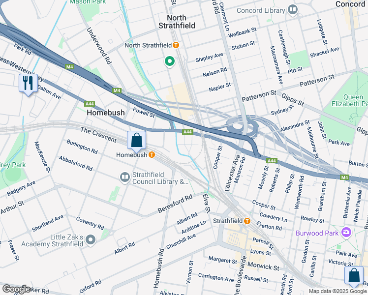 map of restaurants, bars, coffee shops, grocery stores, and more near 11 Columbia Lane in Homebush