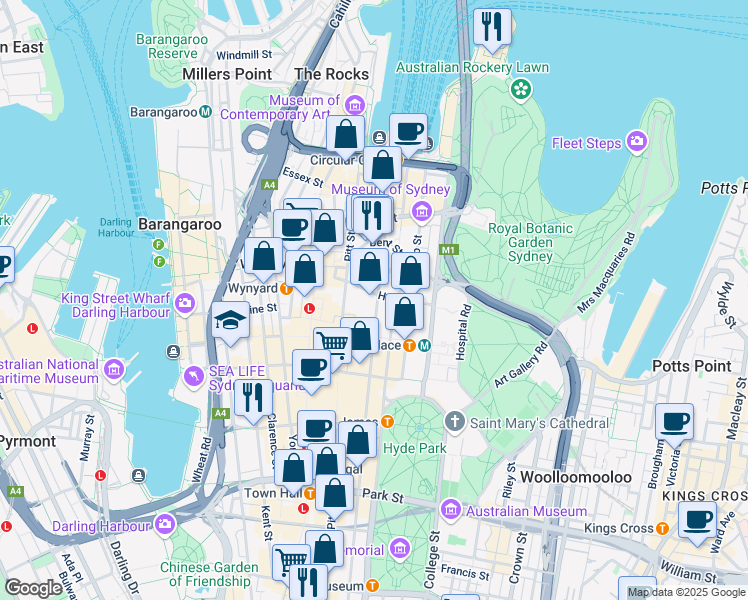 map of restaurants, bars, coffee shops, grocery stores, and more near 1 Castlereagh Street in Sydney