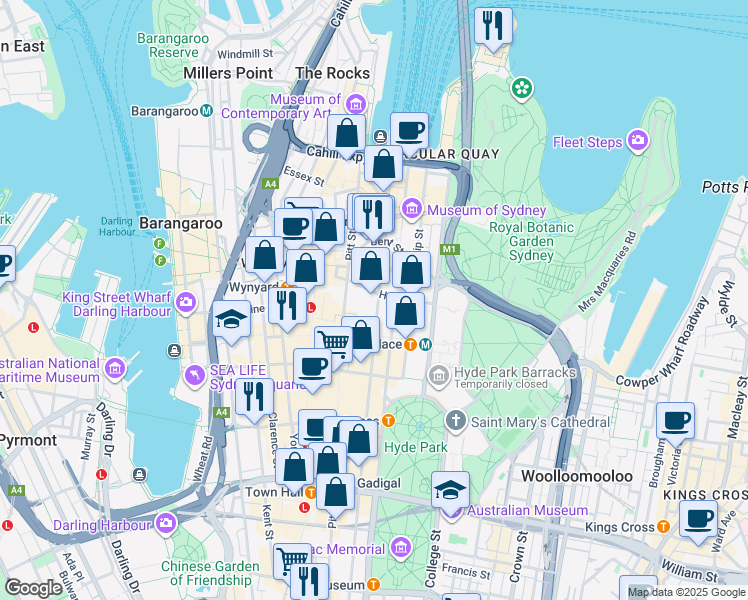 map of restaurants, bars, coffee shops, grocery stores, and more near 9-19 Elizabeth Street in Sydney