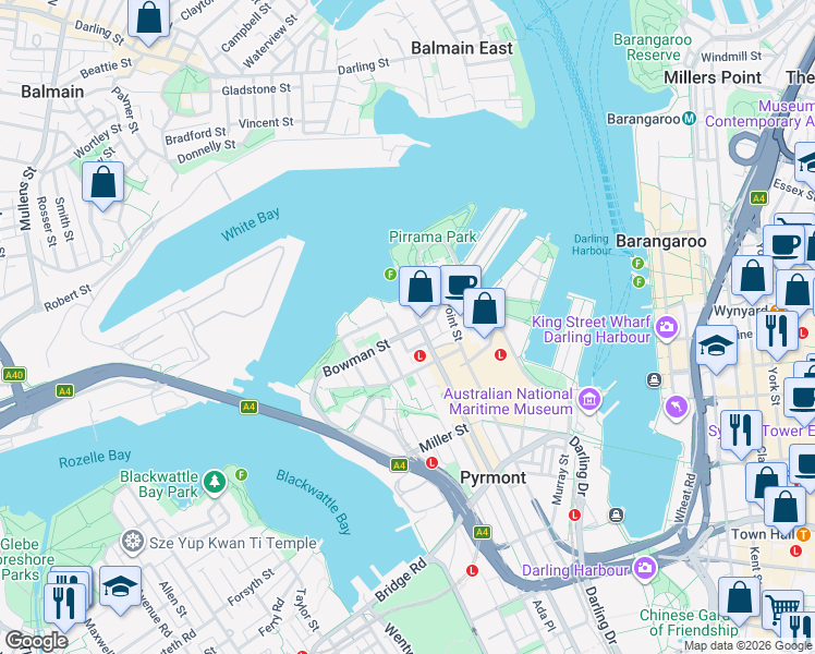 map of restaurants, bars, coffee shops, grocery stores, and more near 19 Harris Street in Pyrmont