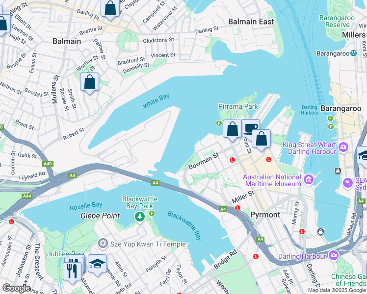 map of restaurants, bars, coffee shops, grocery stores, and more near LOT 75 Refinery Dr in Pyrmont