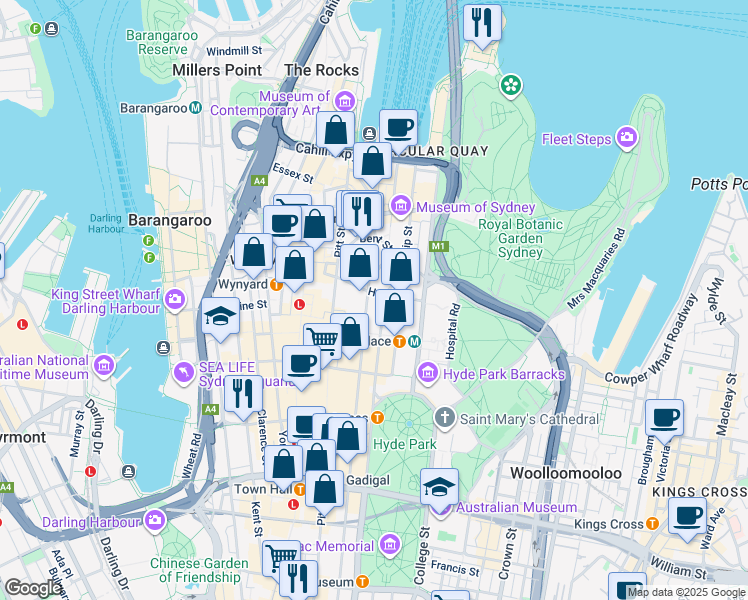 map of restaurants, bars, coffee shops, grocery stores, and more near 55 Hunter Street in Sydney