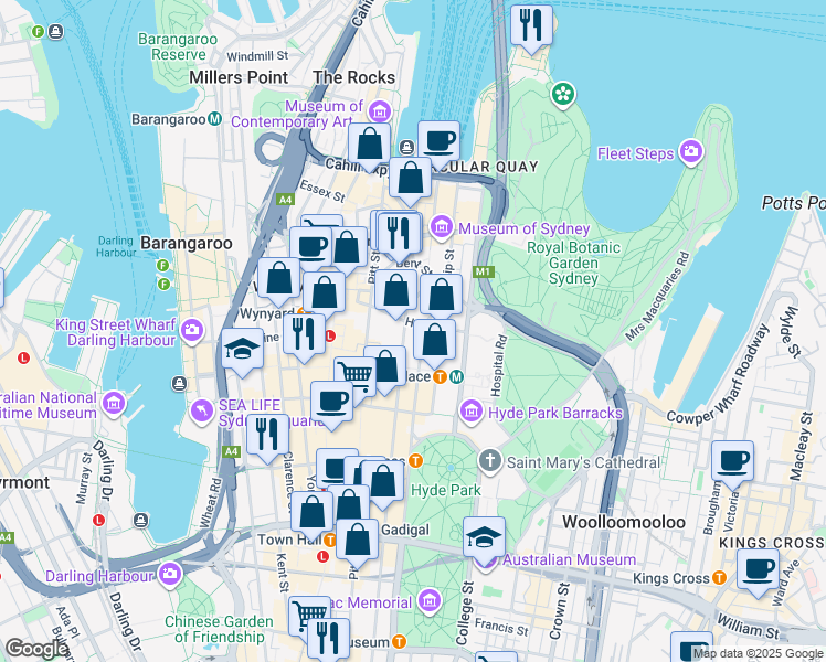 map of restaurants, bars, coffee shops, grocery stores, and more near 55 Hunter Street in Sydney