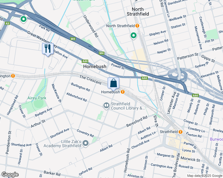 map of restaurants, bars, coffee shops, grocery stores, and more near 29 The Crescent in Homebush