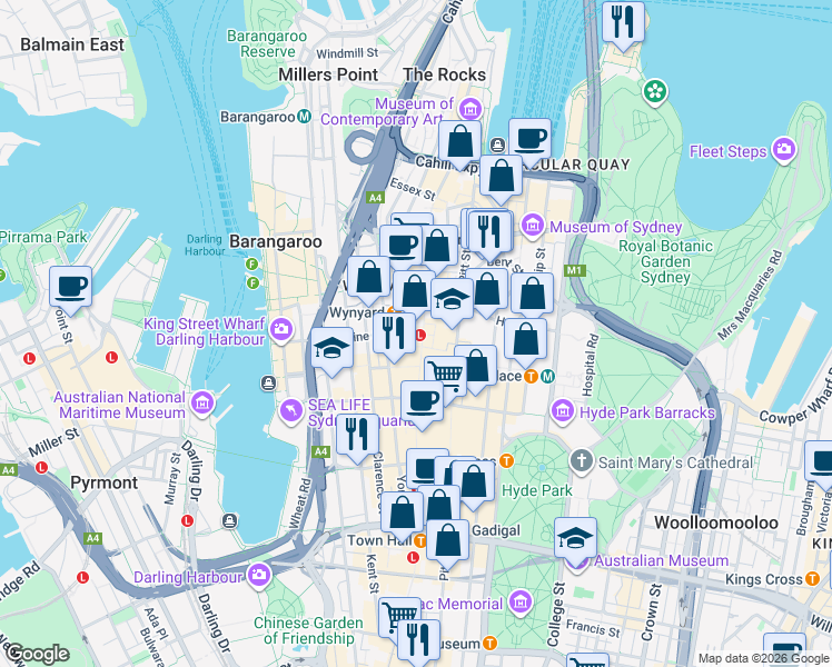 map of restaurants, bars, coffee shops, grocery stores, and more near 333 George Street in Sydney
