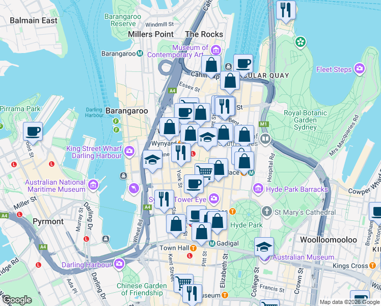 map of restaurants, bars, coffee shops, grocery stores, and more near 350 George Street in Sydney