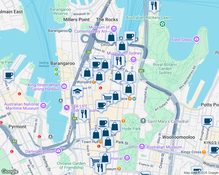 map of restaurants, bars, coffee shops, grocery stores, and more near 123 Pitt Street in Sydney