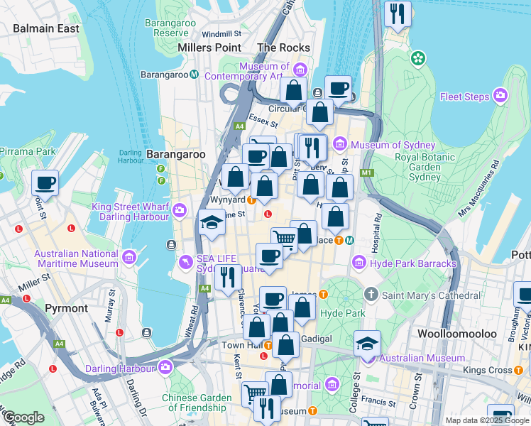 map of restaurants, bars, coffee shops, grocery stores, and more near 333 George Street in Sydney