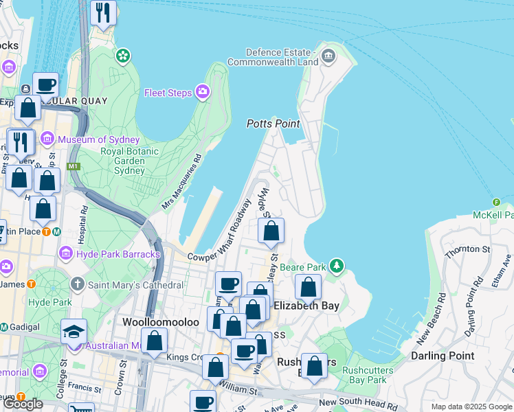 map of restaurants, bars, coffee shops, grocery stores, and more near 9 Wylde Street in Potts Point