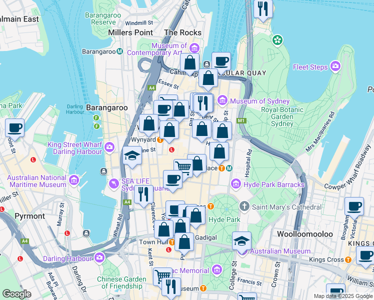 map of restaurants, bars, coffee shops, grocery stores, and more near 123 Pitt Street in Sydney