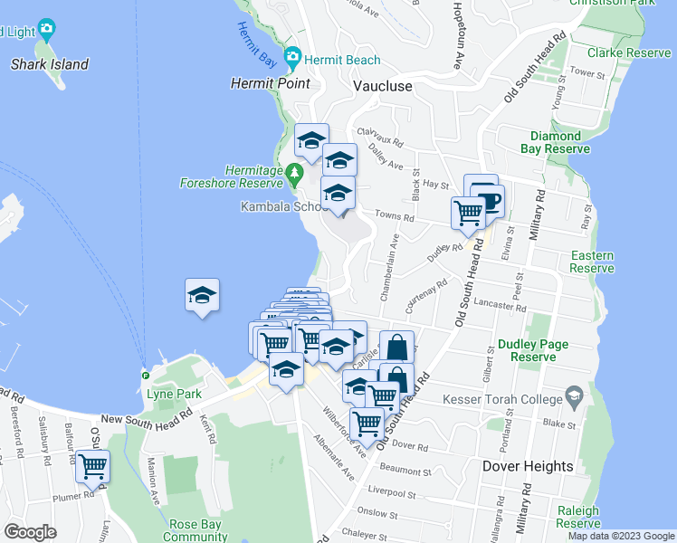 map of restaurants, bars, coffee shops, grocery stores, and more near 780 New South Head Road in Rose Bay