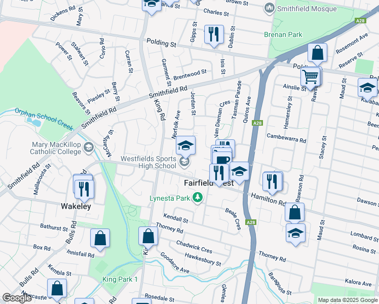 map of restaurants, bars, coffee shops, grocery stores, and more near 406A Hamilton Road in Fairfield West