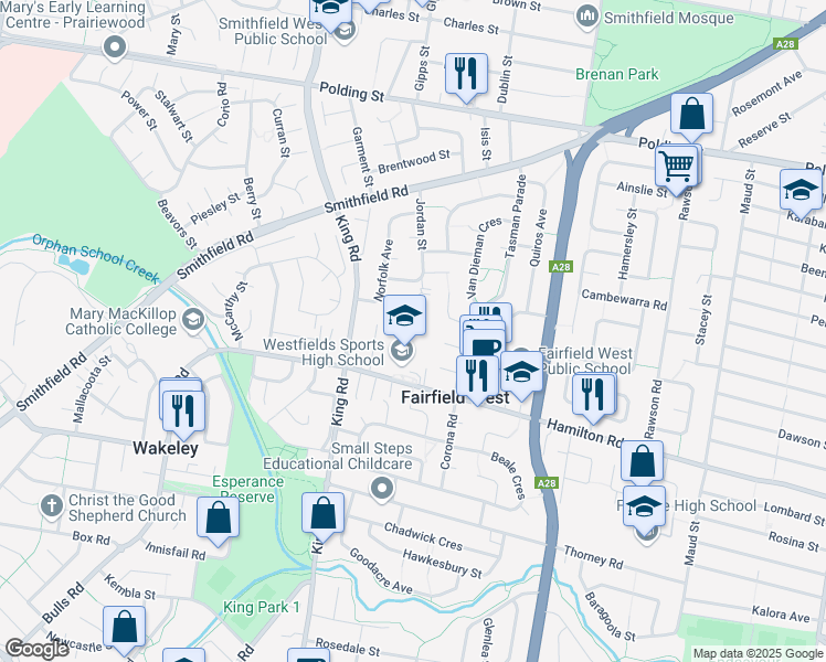 map of restaurants, bars, coffee shops, grocery stores, and more near 406A Hamilton Road in Fairfield West