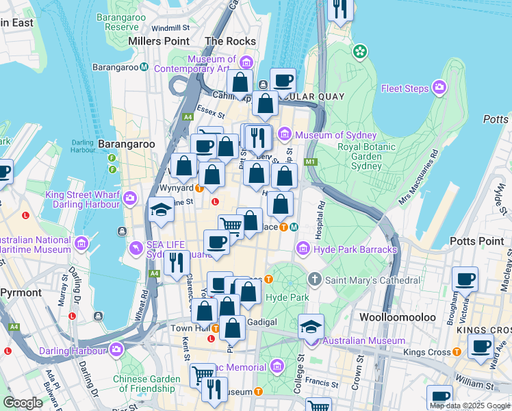 map of restaurants, bars, coffee shops, grocery stores, and more near 15 Castlereagh Street in Sydney