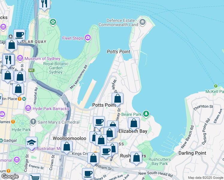 map of restaurants, bars, coffee shops, grocery stores, and more near 13 Wylde Street in Potts Point