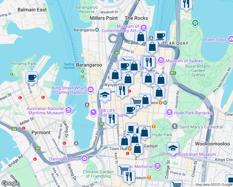 map of restaurants, bars, coffee shops, grocery stores, and more near 66 Clarence Street in Sydney