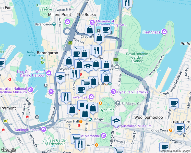 map of restaurants, bars, coffee shops, grocery stores, and more near 15 Castlereagh Street in Sydney