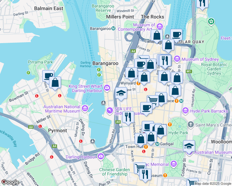 map of restaurants, bars, coffee shops, grocery stores, and more near 79B Sussex Street in Sydney