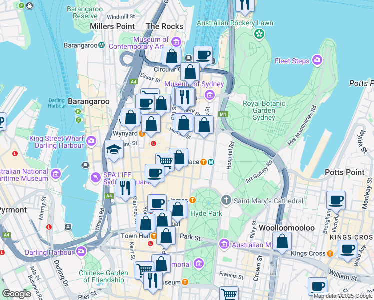map of restaurants, bars, coffee shops, grocery stores, and more near 39 Martin Place in Sydney