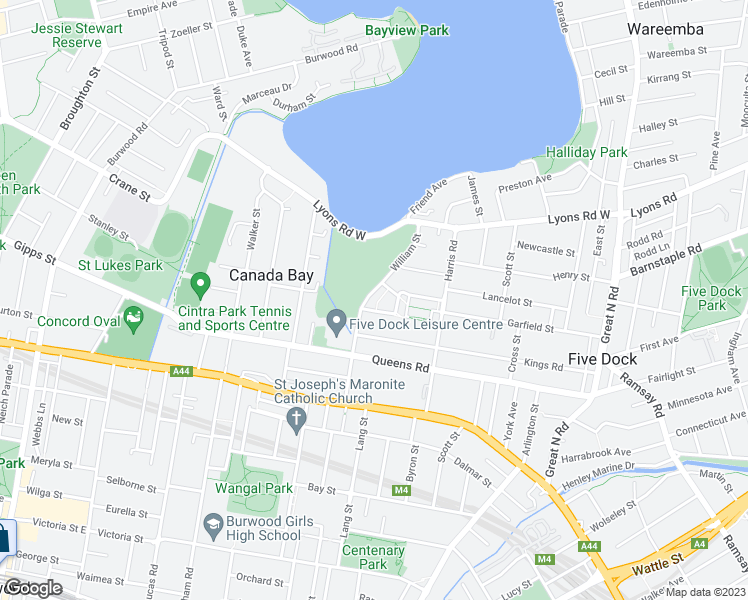 map of restaurants, bars, coffee shops, grocery stores, and more near 100 William Street in Five Dock