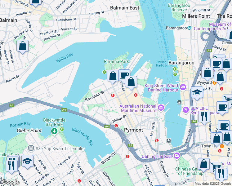 map of restaurants, bars, coffee shops, grocery stores, and more near 1001B Harris Street in Pyrmont