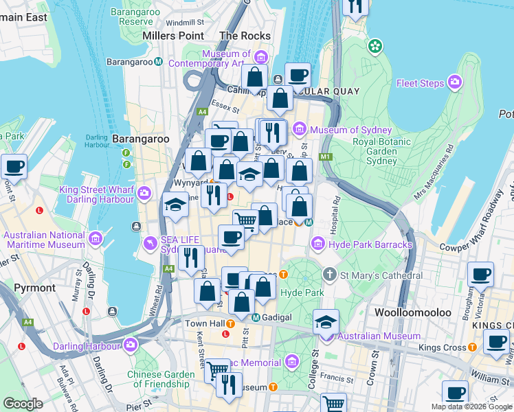 map of restaurants, bars, coffee shops, grocery stores, and more near 92 Pitt Street in Sydney