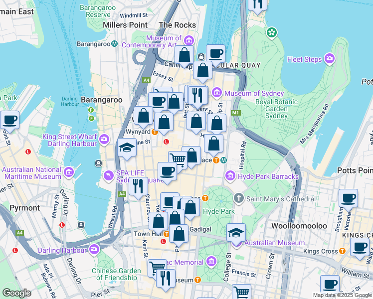 map of restaurants, bars, coffee shops, grocery stores, and more near 92 Pitt Street in Sydney