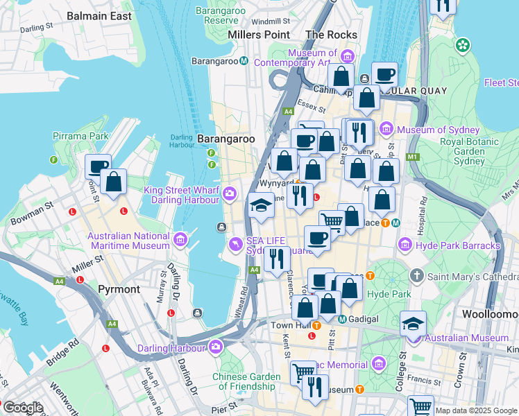 map of restaurants, bars, coffee shops, grocery stores, and more near 79B Sussex Street in Sydney