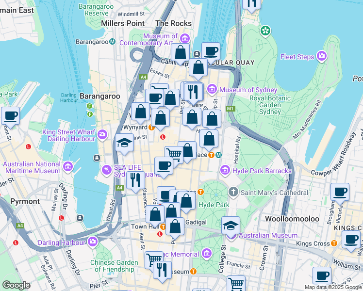 map of restaurants, bars, coffee shops, grocery stores, and more near 20 Martin Place in Sydney