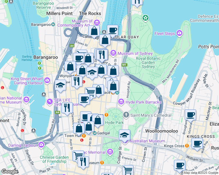 map of restaurants, bars, coffee shops, grocery stores, and more near 52 Martin Place in Sydney
