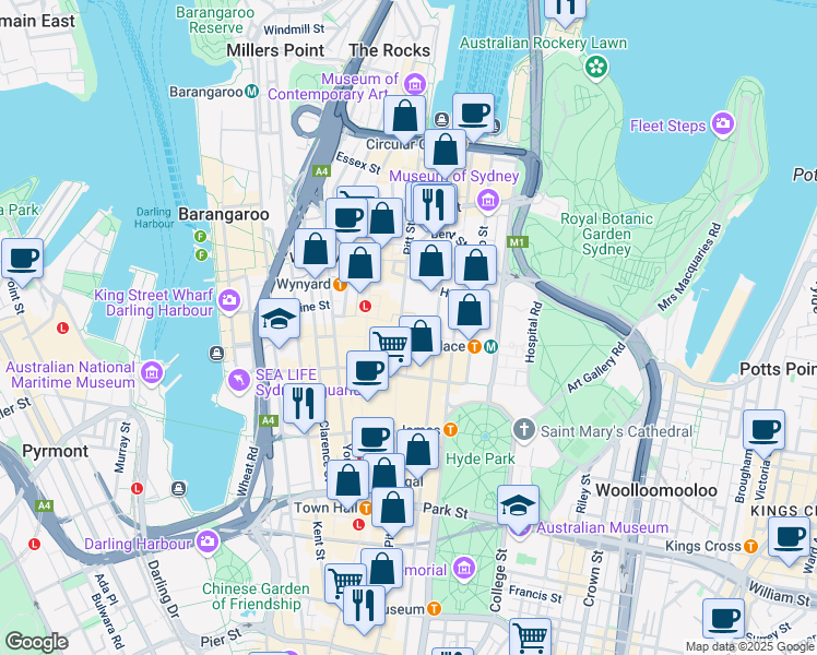 map of restaurants, bars, coffee shops, grocery stores, and more near 20 Martin Place in Sydney