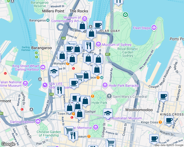 map of restaurants, bars, coffee shops, grocery stores, and more near 48 Martin Place in Sydney