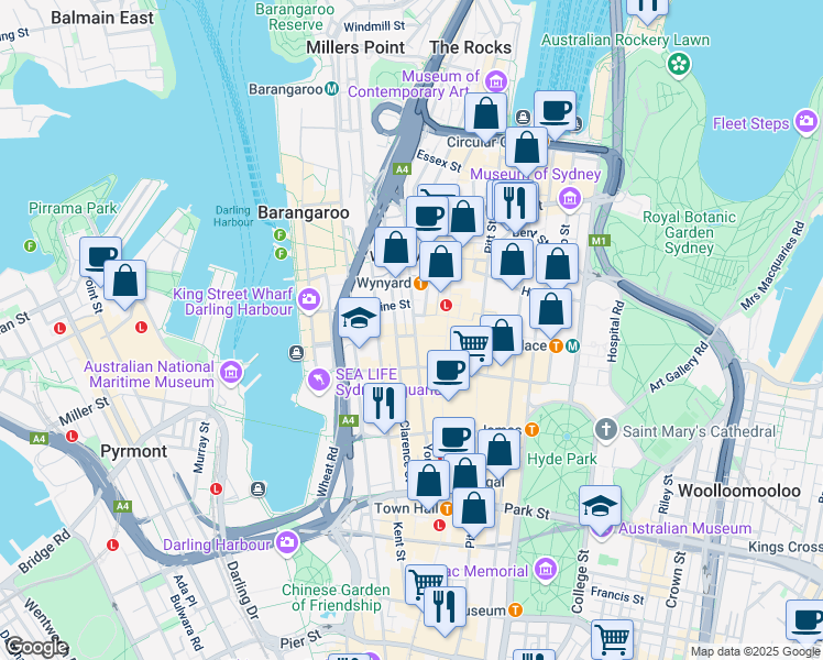 map of restaurants, bars, coffee shops, grocery stores, and more near 61 York Street in Sydney