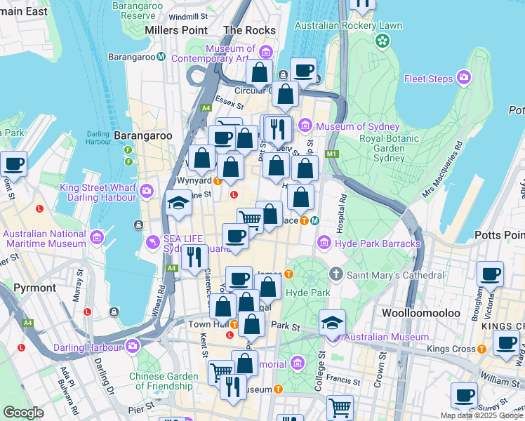map of restaurants, bars, coffee shops, grocery stores, and more near 20 Martin Place in Sydney