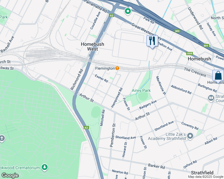 map of restaurants, bars, coffee shops, grocery stores, and more near 28 Henley Road in Homebush West