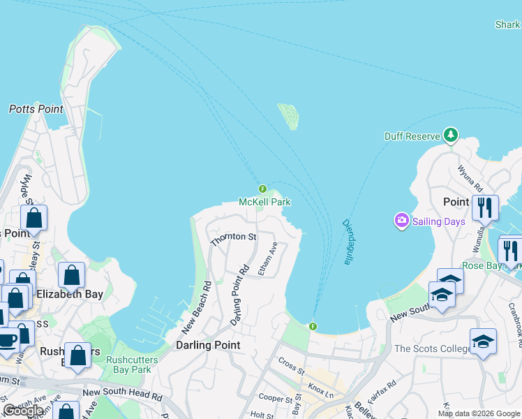 map of restaurants, bars, coffee shops, grocery stores, and more near 159 Darling Point Road in Darling Point