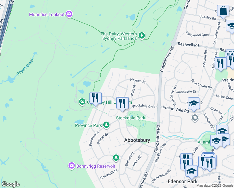 map of restaurants, bars, coffee shops, grocery stores, and more near 16C Roony Avenue in Abbotsbury