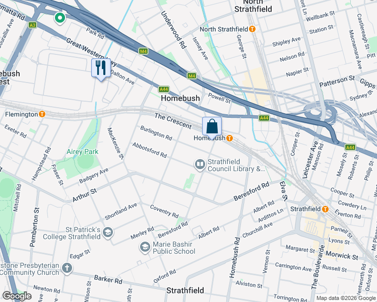 map of restaurants, bars, coffee shops, grocery stores, and more near 60 Burlington Road in Homebush