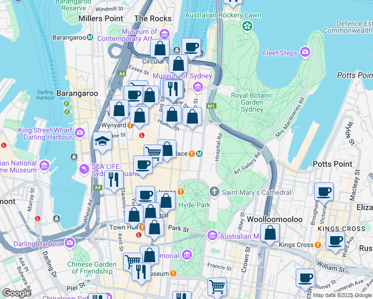 map of restaurants, bars, coffee shops, grocery stores, and more near 52 Martin Place in Sydney