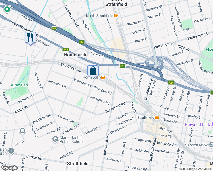 map of restaurants, bars, coffee shops, grocery stores, and more near 13 The Crescent in Homebush