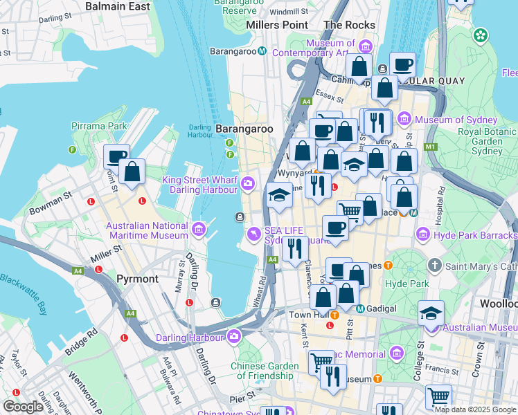 map of restaurants, bars, coffee shops, grocery stores, and more near 35 Shelley Street in Sydney