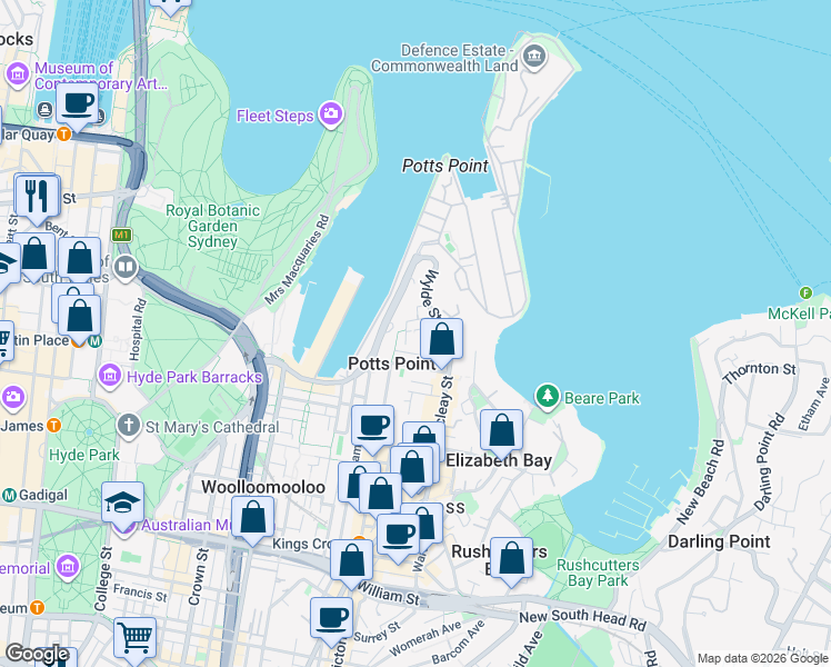 map of restaurants, bars, coffee shops, grocery stores, and more near 3-5 Saint Neot Avenue in Potts Point