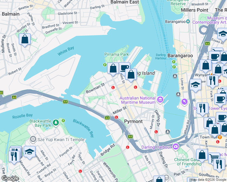 map of restaurants, bars, coffee shops, grocery stores, and more near John Street in Pyrmont