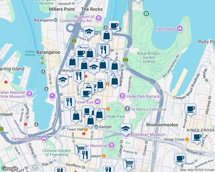 map of restaurants, bars, coffee shops, grocery stores, and more near 39 Martin Place in Sydney