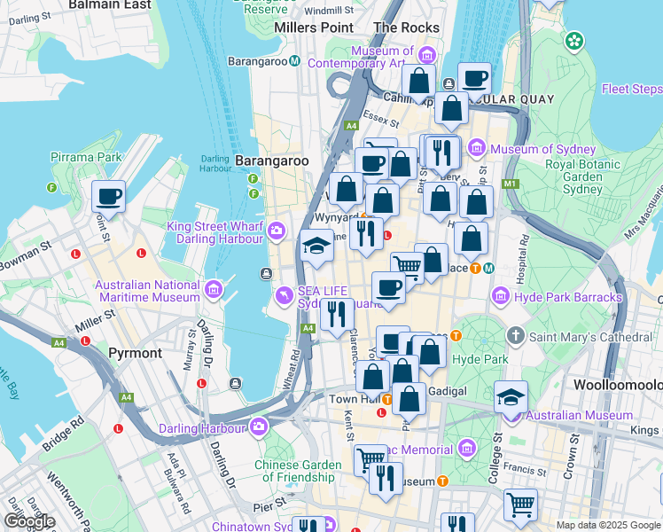 map of restaurants, bars, coffee shops, grocery stores, and more near 321 Kent Street in Sydney
