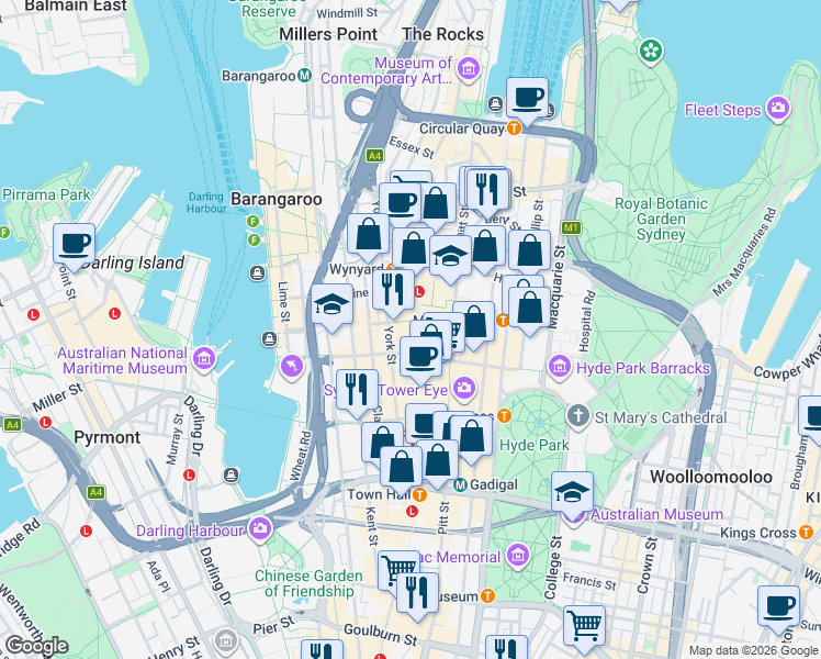 map of restaurants, bars, coffee shops, grocery stores, and more near 345 George Street in Sydney