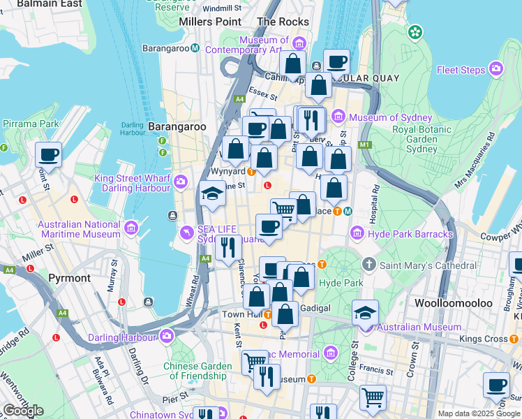 map of restaurants, bars, coffee shops, grocery stores, and more near 345 George Street in Sydney