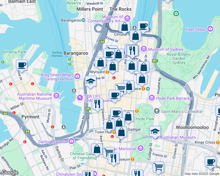 map of restaurants, bars, coffee shops, grocery stores, and more near 345 George Street in Sydney