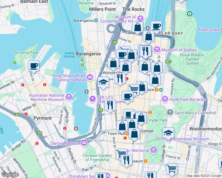 map of restaurants, bars, coffee shops, grocery stores, and more near 347 Kent Street in Sydney